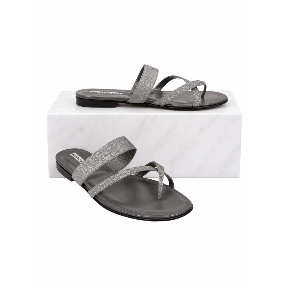 Manolo Blahnik Susa Glitter Leather Flat Sandal Silver Gray Size 40.5